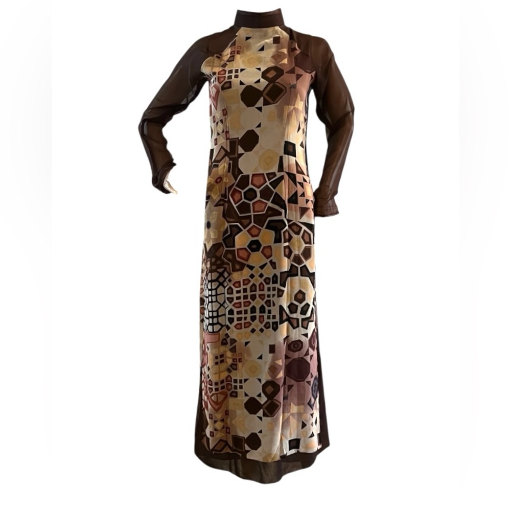 Women’s Geometric Squares Qipao Cheongsam Long Slit Dress Sheer Sleeves
